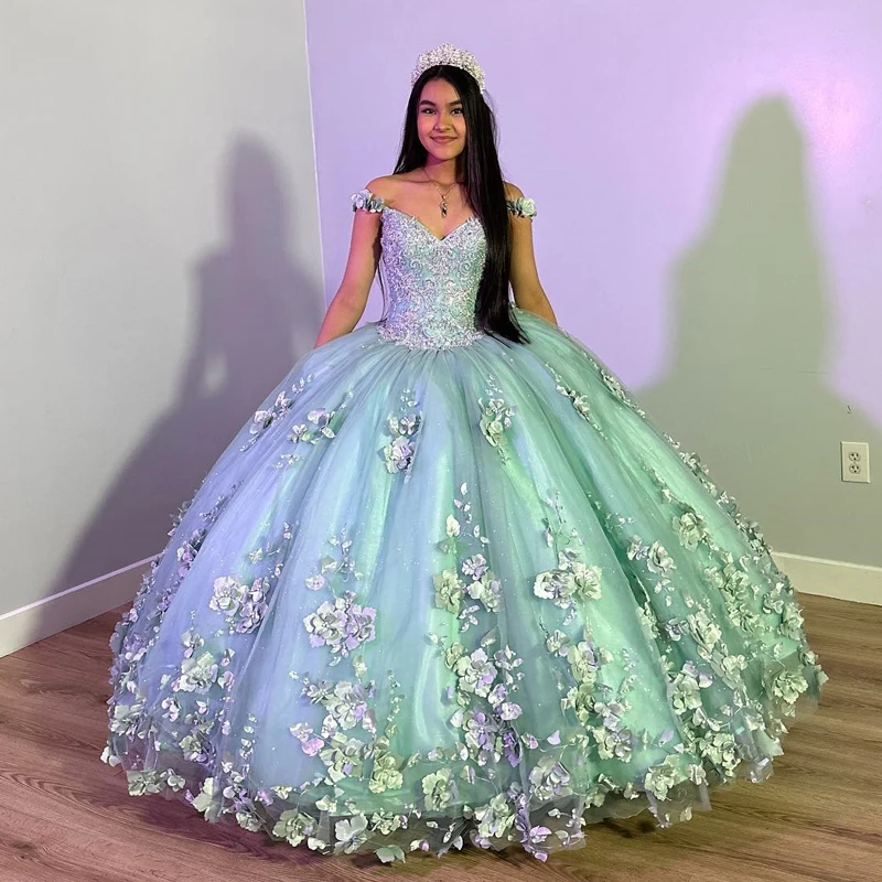 Light Green Quinceanera Dress with 3D Flowers Sleeveless Cape Ball Gown Corset Vestido De 15 Anos - Fashionpara