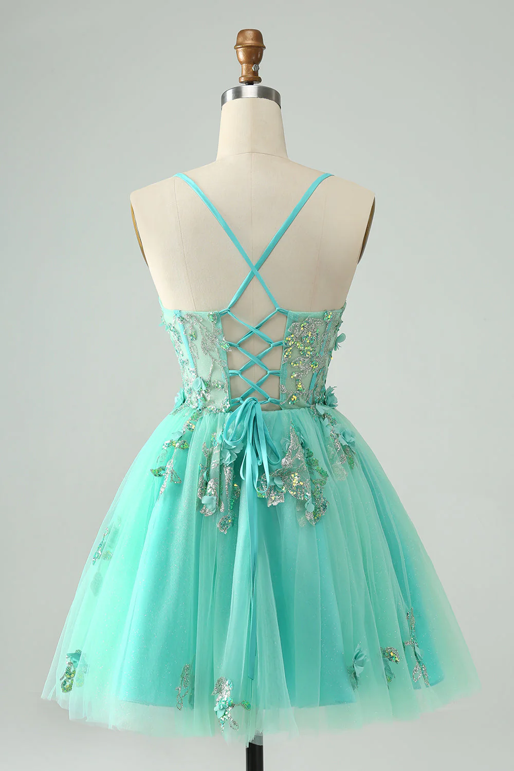 Sweet Green A Line Spaghetti Straps Corset Short Homecoming Dress with Appliques - Fashionpara