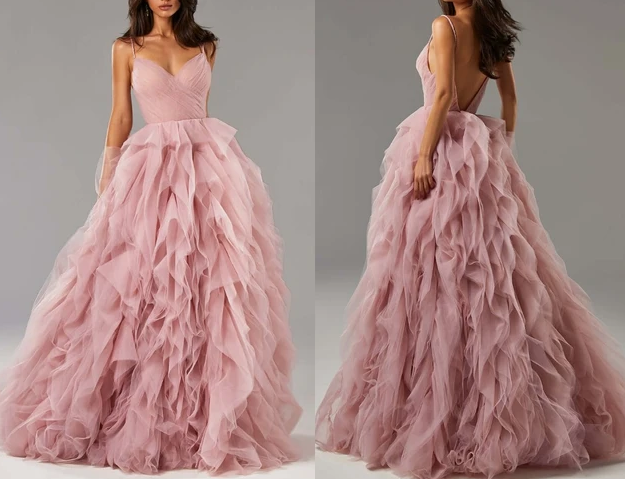 Straps Blush Pink Prom Dress with Cacasding Ruffles - Fashionpara