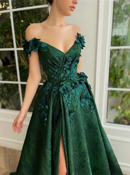 A-Line Prom Dresses Floral Dress Wedding Guest Wedding Party Court Train Sleeveless Off Shoulder Evening Dress