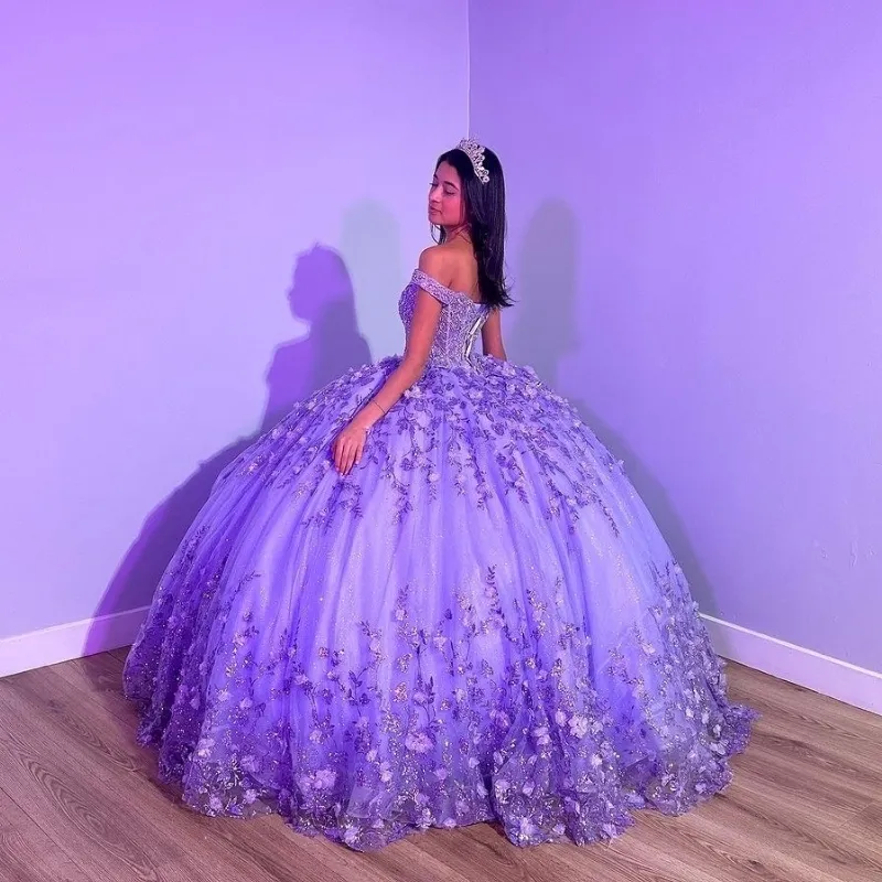 Purple Shiny Puffy Princess Quinceanera Dresses Off Shoulder Beads 3D Floral Gillter Sequins Lace-up Corset Vestidos 15 anos rosa - Fashionpara