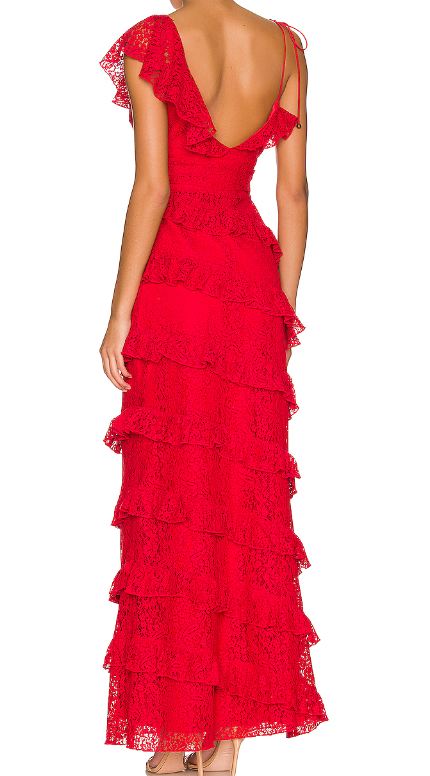 long red prom dresses, sexy lace evening dress with slit - Fashionpara
