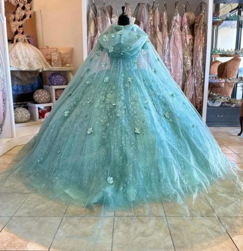 Mint Green Quinceanera Dresses with cape Floral Appliques Lace-up Back Corset prom Sweet 15 Girls Birthday Party dress - Fashionpara