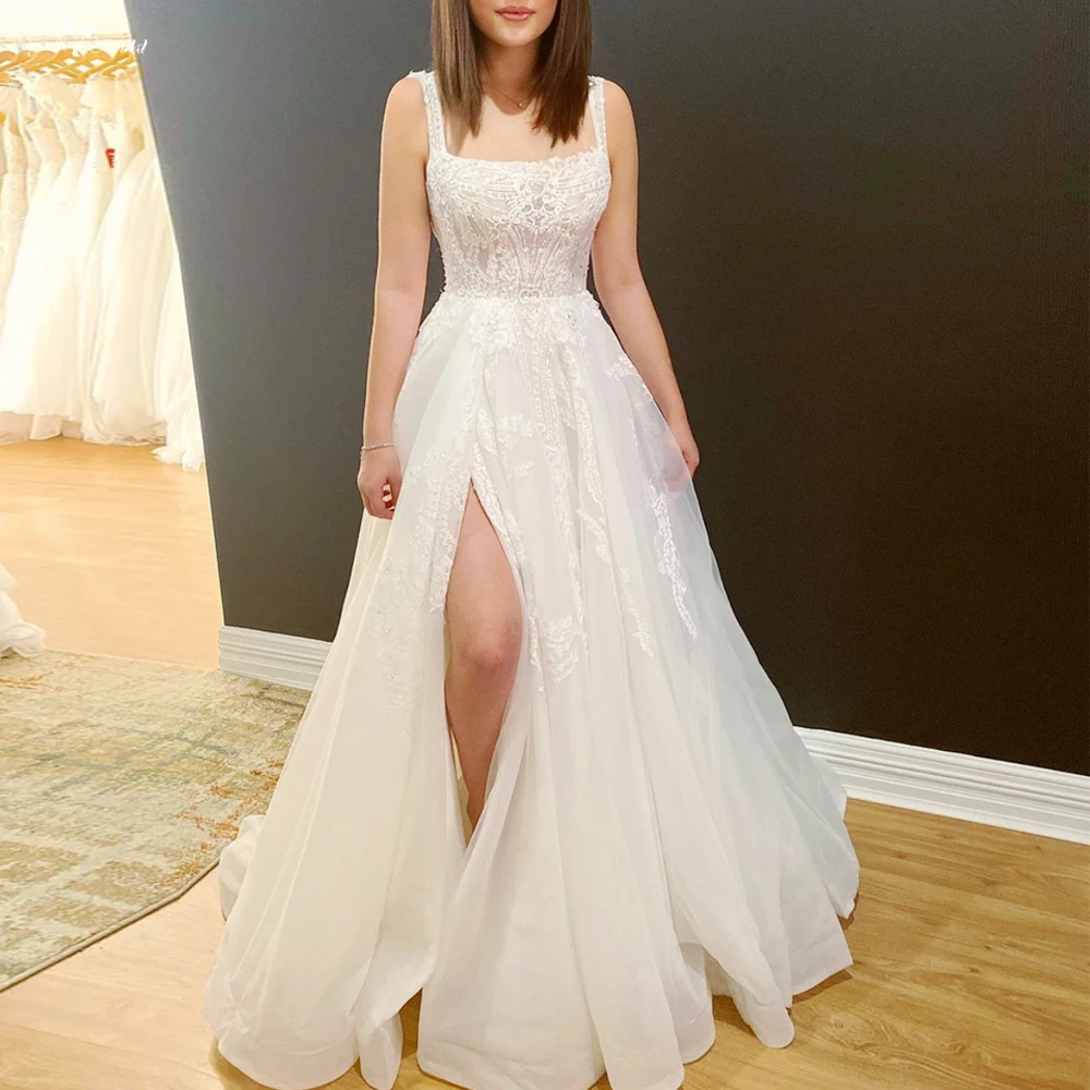 Charming A Line Square Neck Tulle Wedding Dresses with Appliques