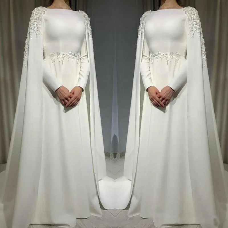 Muslim Wedding Dress with Cape Long Sleeves Beading Plus Size Satin Bridal Gowns