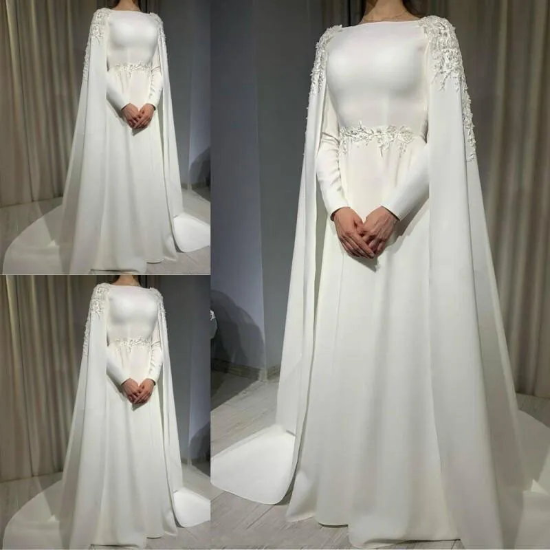Muslim Wedding Dress with Cape Long Sleeves Beading Plus Size Satin Bridal Gowns