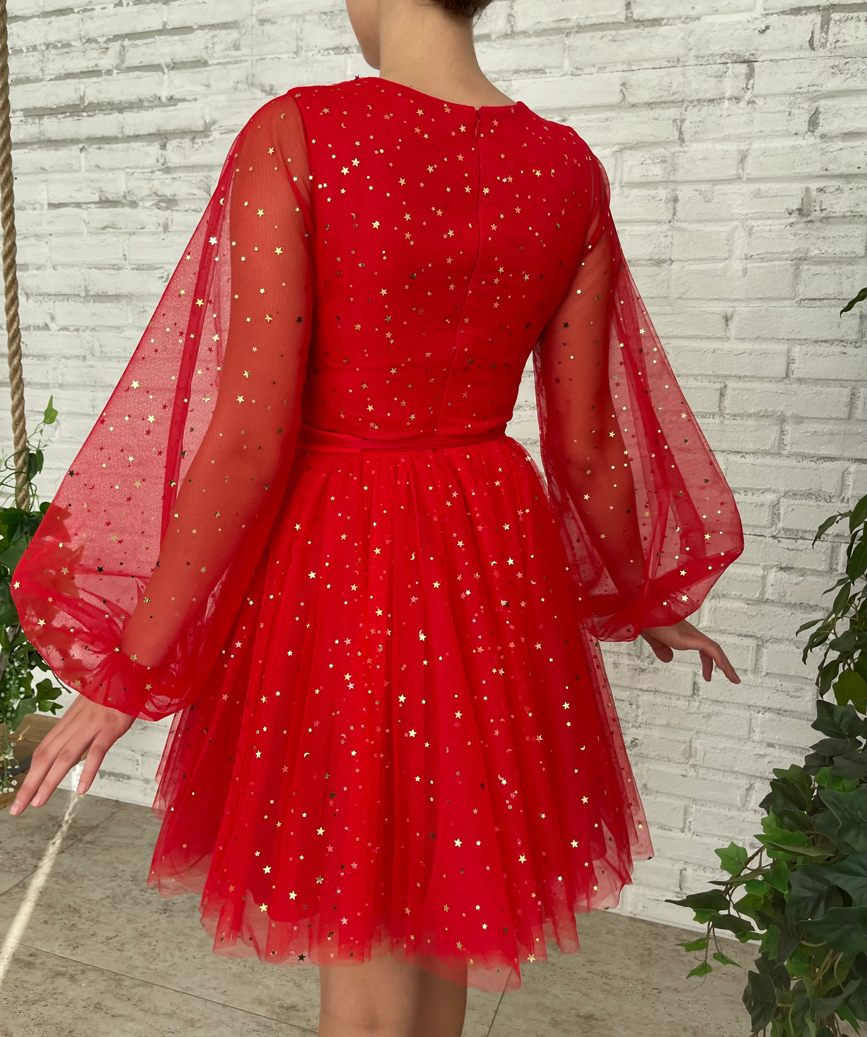 Long Sleeves Short Red Prom Dresses, Red Long Sleeves Short Formal Graduation Dresses homecoming dress - Fashionpara