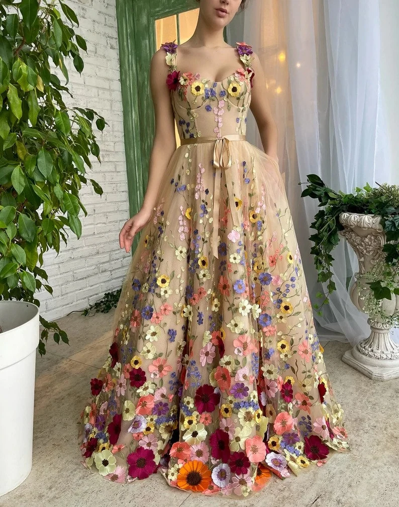 3D Flower Lace Prom Dress Spring Dress - Fashionpara