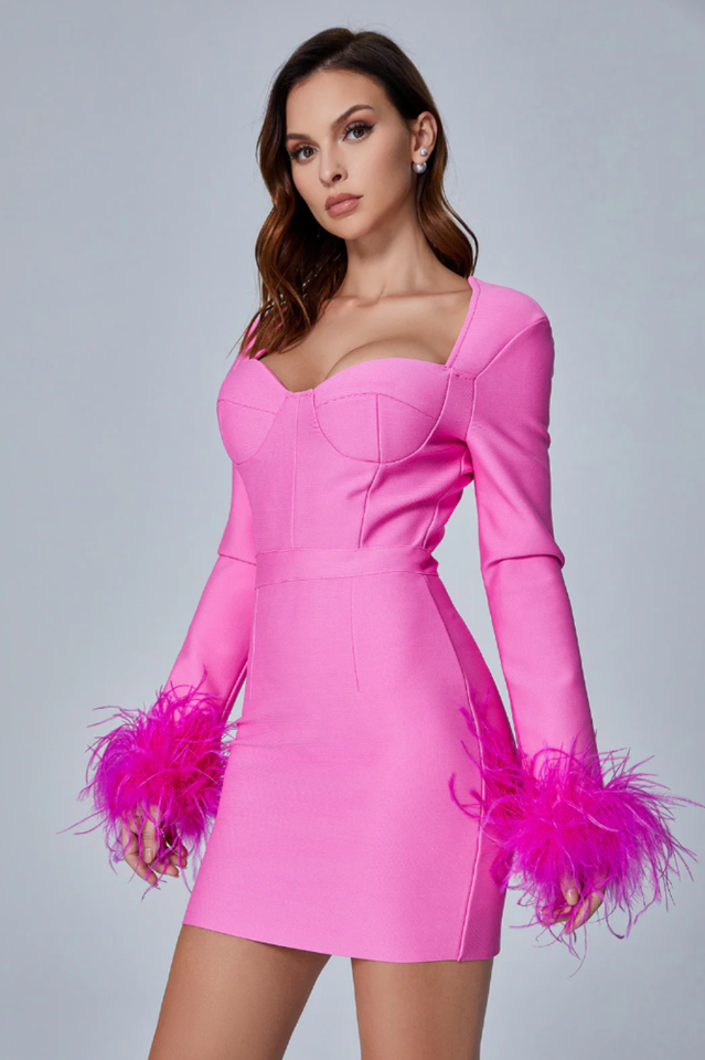 Feather Long Sleeve Bustier Dress - Fashionpara
