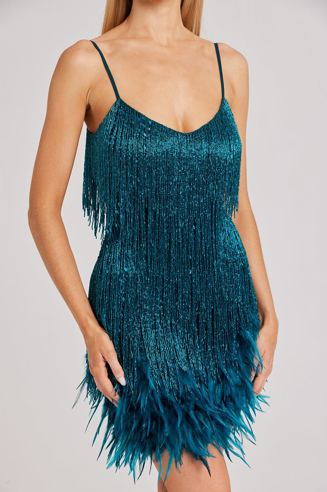Yvonne Sequin Feather Cocktail Dress - Fashionpara