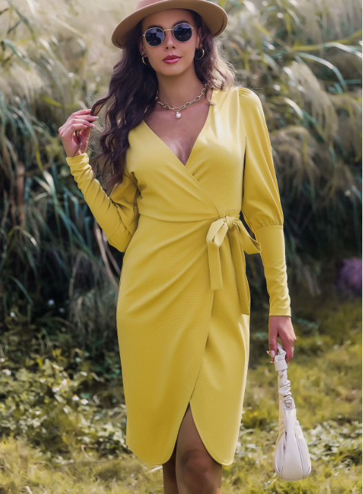 V-Neck Long Sleeve Tie Waist Wrap Midi Dress