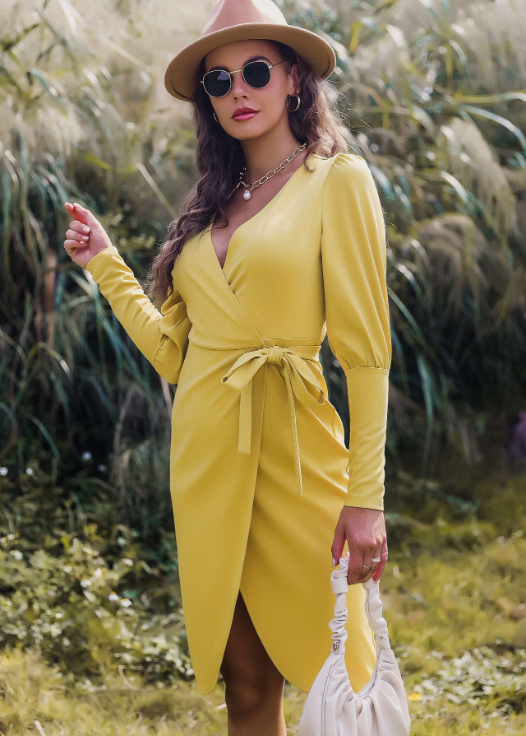 Wrap Front V-Neck Long Sleeve Tie Waist Midi Dress 4