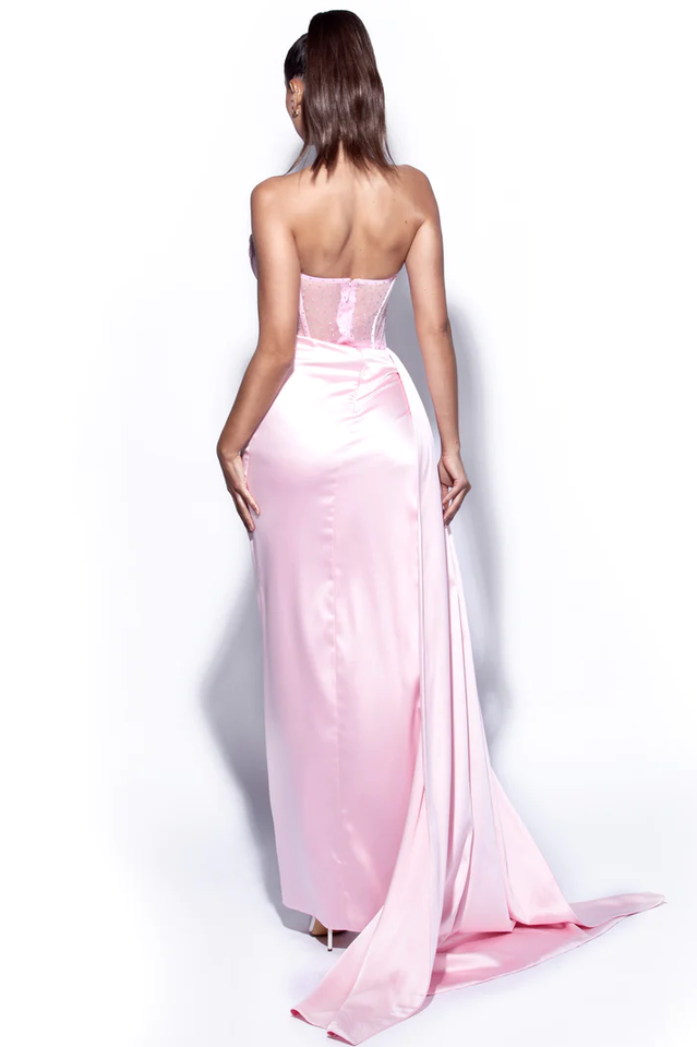 Crystallized Corset High Slit Satin Gown - Fashionpara