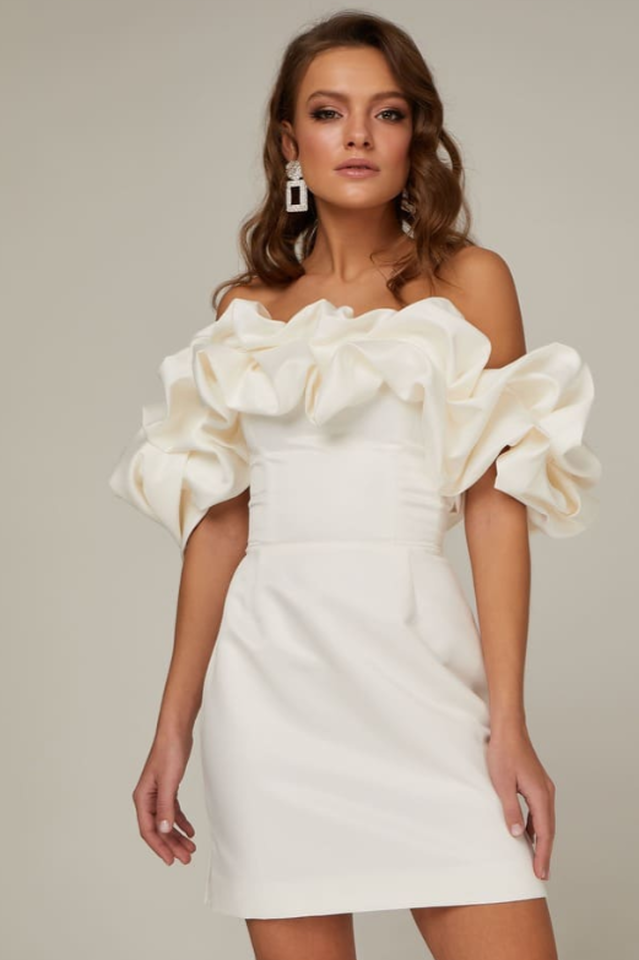 Off Shoulder Ruffle Peplum Corset Structured Satin Mini Dress