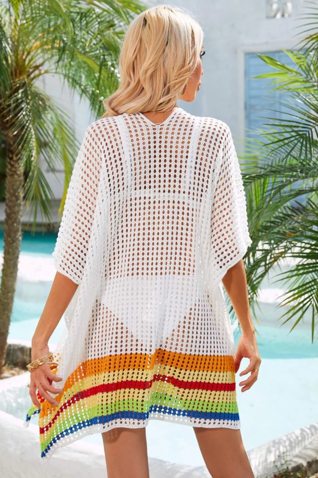 Rainbow Stripe Openwork Slit Cover Up - Fashionpara