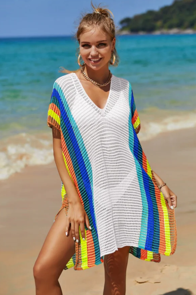 Rainbow Colorblock Crochet Cover Up - Fashionpara