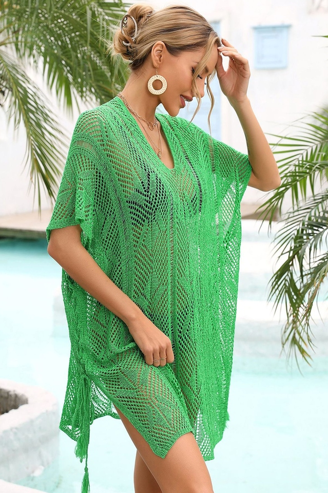 Side Slit Tassel Openwork Cover Up - Fashionpara