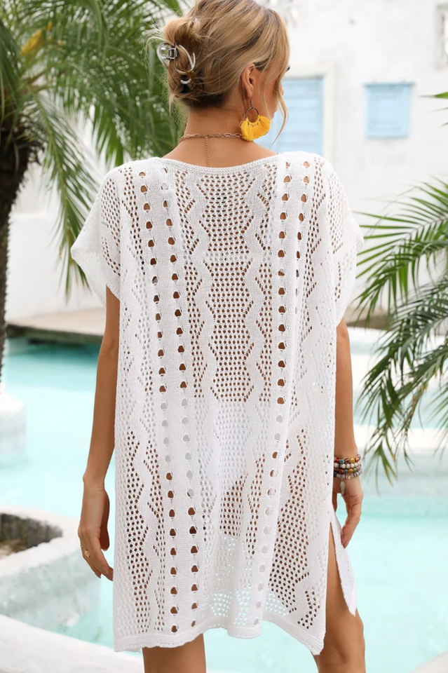 Openwork Plunge Dolman Sleeve Cover Up Dress - Fashionpara