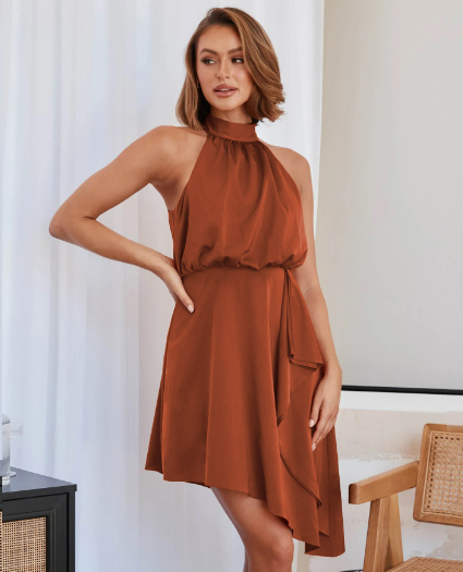 Satin Halter-Neck Blouson Asymmetric-Hem Midi Dress 8