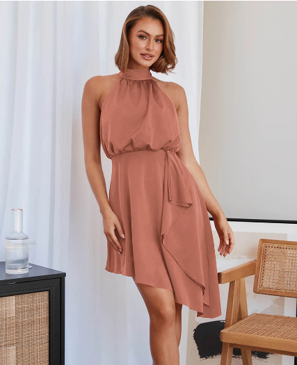 Satin Halter-Neck Blouson Asymmetric-Hem Midi Dress 7