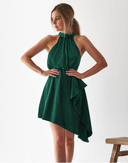 Satin Halter-Neck Blouson Asymmetric-Hem Midi Dress 6