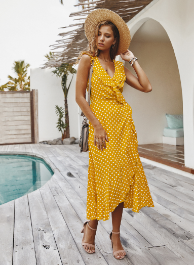 Polka Dot V-Neck Wrap Ruffle Midi Dress 3