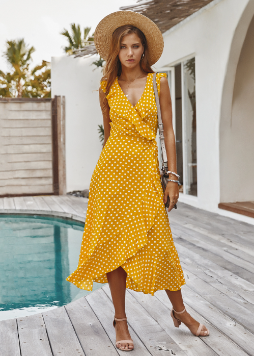 Polka Dot V-Neck Wrap Ruffle Midi Dress