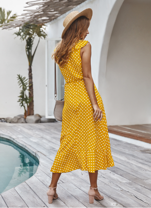 Polka Dot V-Neck Wrap Ruffle Midi Dress 4