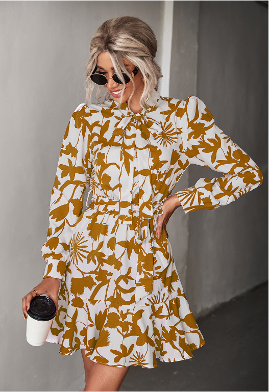Floral Tie Neck Long Sleeve Ruffle Hem Mini Dress