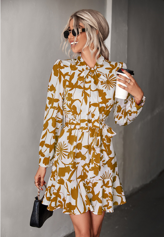 Floral Print Tie Neck Long Sleeve Ruffle Hem Mini Dress 2