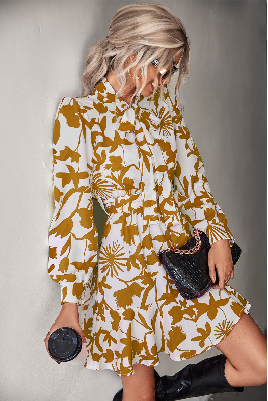 Abstract Floral Print Tie Neck Long Sleeve Ruffle Mini Dress 4