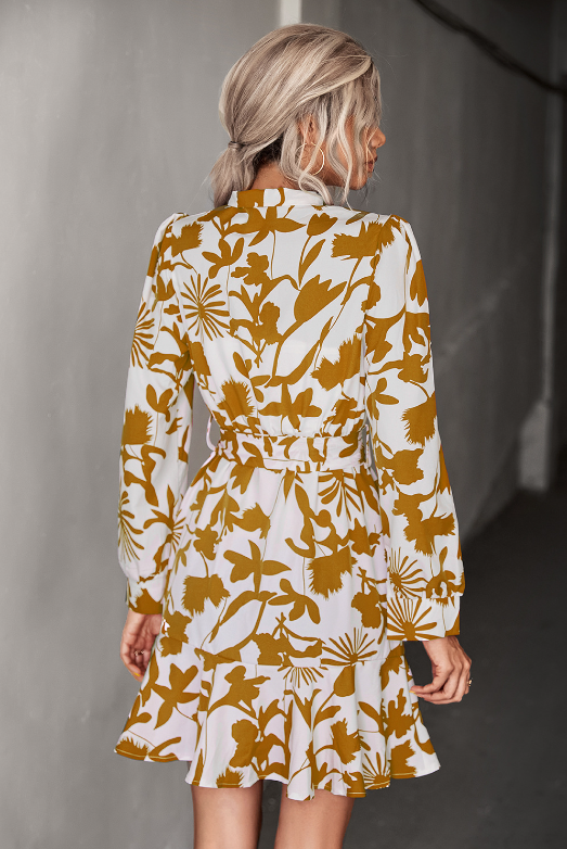 Floral Print Tie Neck Long Sleeve Ruffle Hem Mini Dress 5