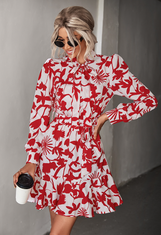 Abstract Floral Print Tie Neck Long Sleeve Ruffle Mini Dress 6