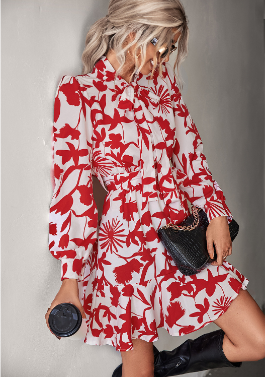 Abstract Floral Print Tie Neck Long Sleeve Ruffle Mini Dress 8
