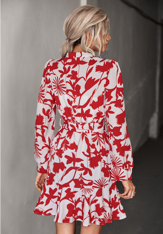 Floral Print Tie Neck Long Sleeve Ruffle Hem Mini Dress 9
