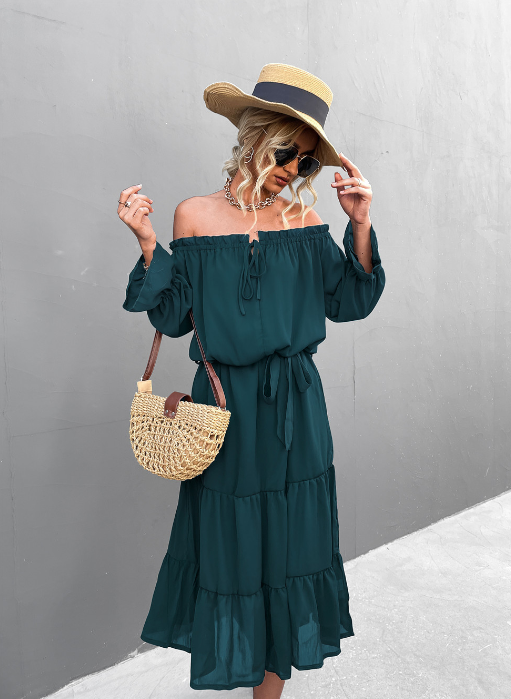 Chiffon Off Shoulder Long Sleeve Tiered Midi Dress 9