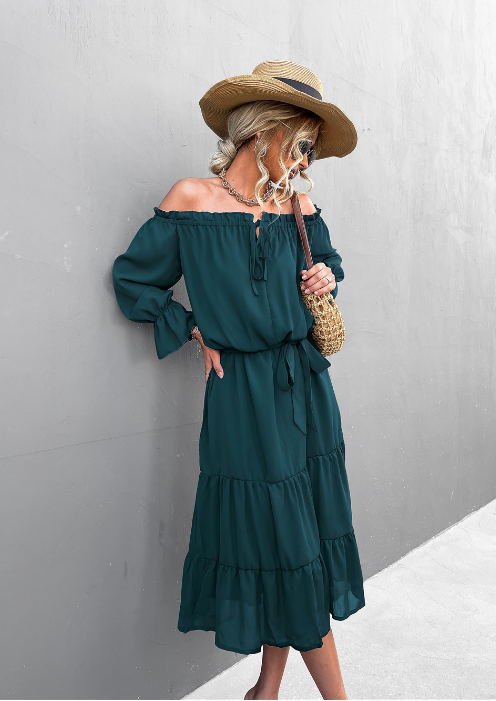 Chiffon Off Shoulder Long Sleeve Tiered Midi Dress 10