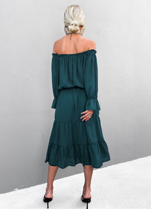 Chiffon Off Shoulder Long Sleeve Tiered Midi Dress 11