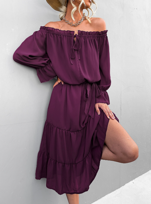 Chiffon Off Shoulder Long Sleeve Tiered Midi Dress 4