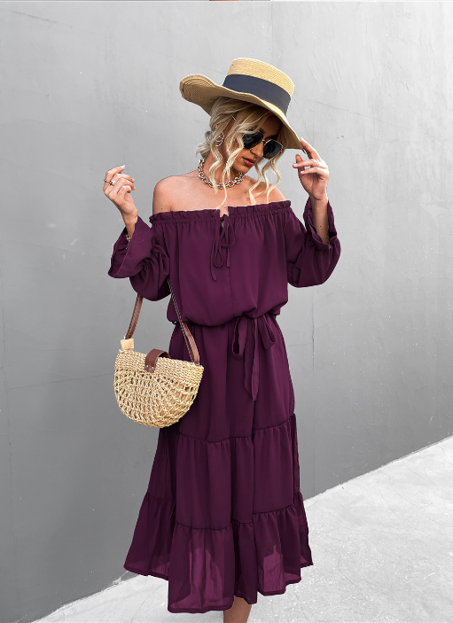 Chiffon Off Shoulder Long Sleeve Tiered Midi Dress