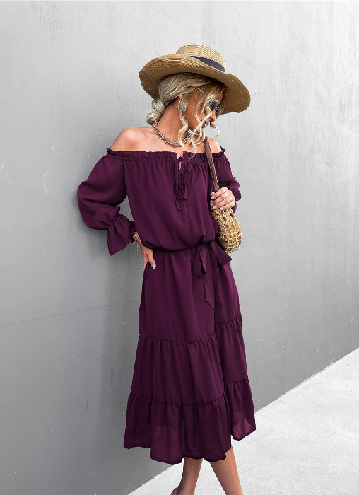Chiffon Off Shoulder Long Sleeve Tiered Midi Dress 3
