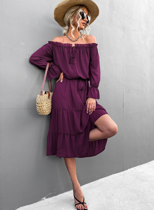 Chiffon Off Shoulder Long Sleeve Tiered Midi Dress 2