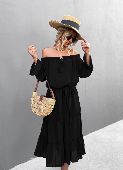Chiffon Off Shoulder Long Sleeve Tiered Midi Dress 5