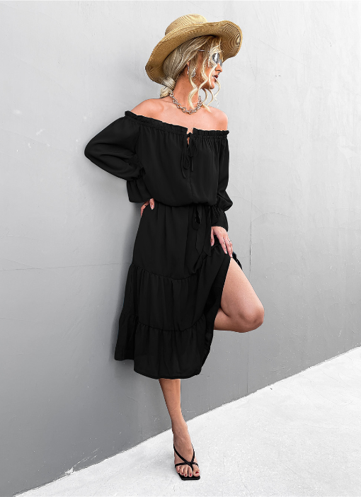 Chiffon Off Shoulder Long Sleeve Tiered Midi Dress 6