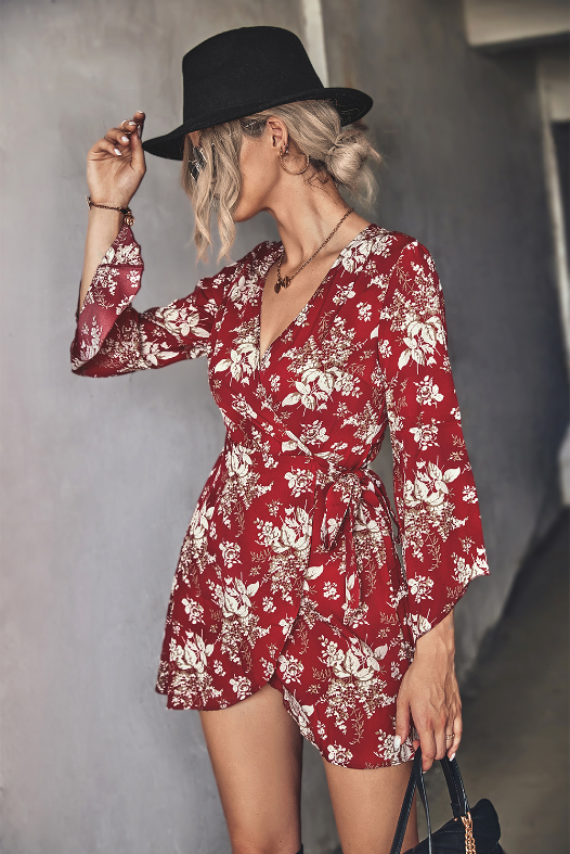Floral Print V-Neck Bell Sleeve Wrap Mini Dress 2