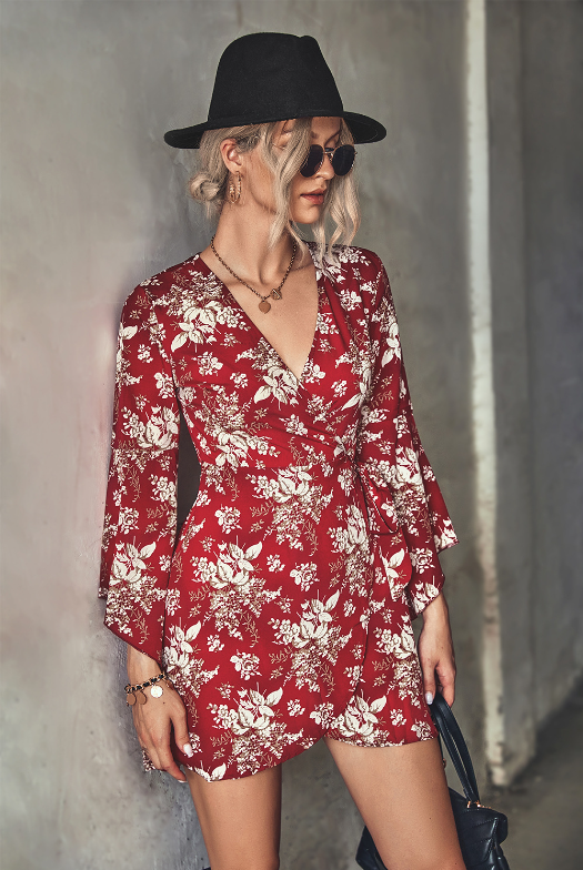 Floral Print V-Neck Bell Sleeve Wrap Mini Dress