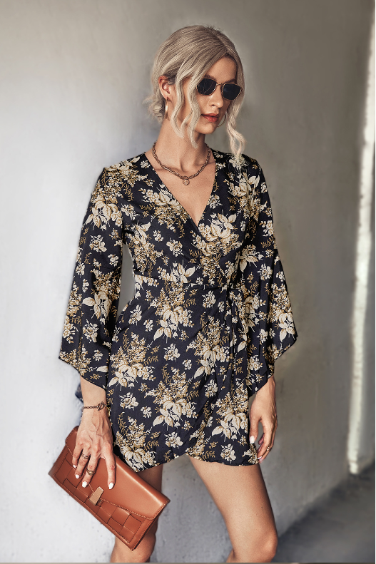Floral Print V-Neck Bell Sleeve Wrap Mini Dress 5