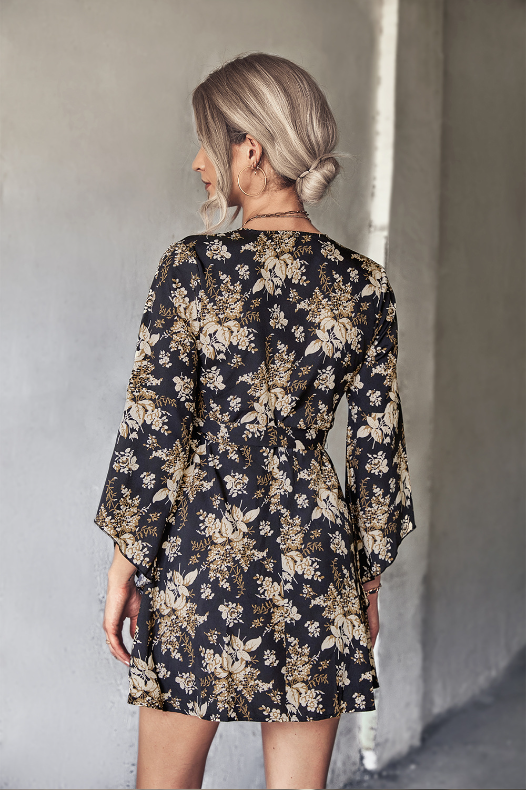 Floral Print V-Neck Bell Sleeve Wrap Mini Dress 6
