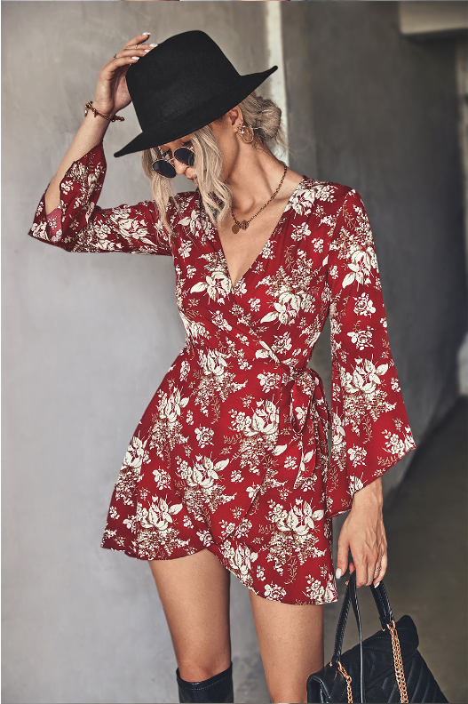 Floral Print V-Neck Bell Sleeve Wrap Mini Dress 3