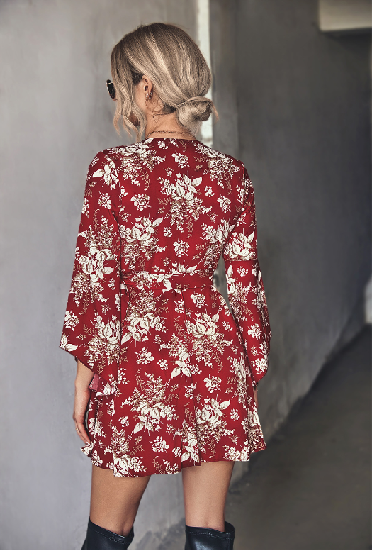 Floral Print V-Neck Bell Sleeve Wrap Mini Dress 4